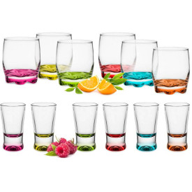 Zestaw 6 szklanek 250 ml i 6 kieliszków 25 ml z kolorowym dnem Glasmark