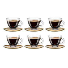 Serwis kawowy szklany na 6 osób Glasmark Roma zestaw 6 filiżanek ze złotymi spodkami