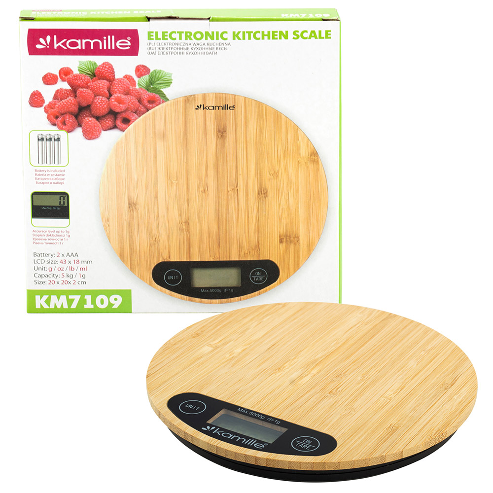 Waga kuchenna elektroniczna okrągła bambusowa z wyświetlaczem LCD KM 7109 Kamille