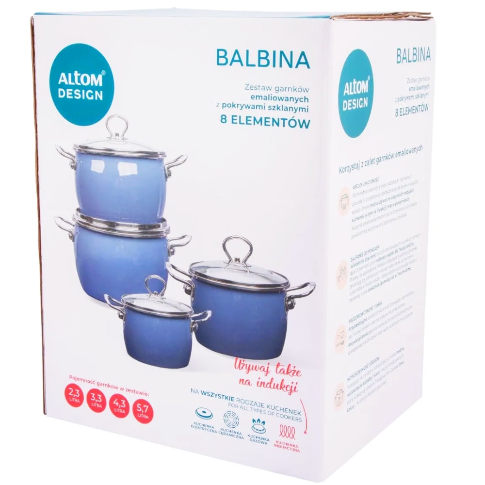 Kompletny zestaw dla Twojej kuchni Zestaw Balbina od Altom Design to 8 elementów (4 garnki i 4 dopasowane pokrywki), które zaspokoją wszystkie potrzeby Twojej rodziny. Eleganckie opakowanie sprawia, że jest to również doskonały pomysł na praktyczny prezent.