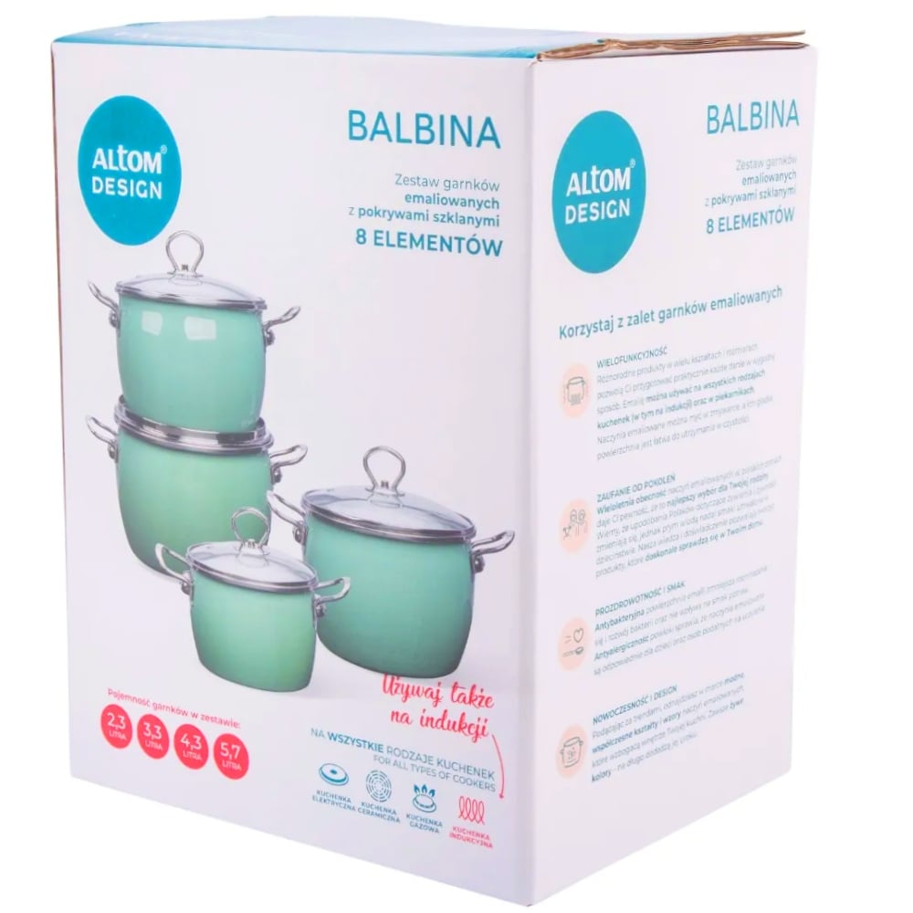 Kompletny zestaw dla Twojej kuchni Zestaw Balbina od Altom Design to 8 elementów (4 garnki i 4 dopasowane pokrywki), które zaspokoją wszystkie potrzeby Twojej rodziny. Eleganckie opakowanie sprawia, że jest to również doskonały pomysł na praktyczny prezent.