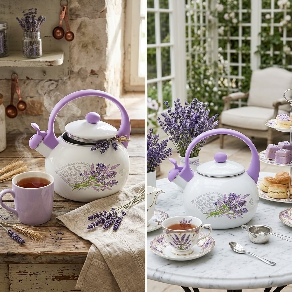 Czajnik tradycyjny z gwizdkiem emaliowany 2.2 L czarny w kwiatki Tragar