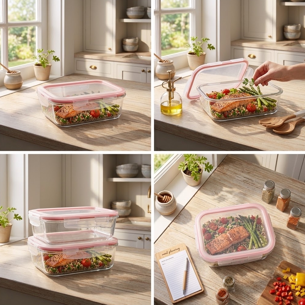 Szklany pojemnik 650 ml na żywność jedzenie Altom Design Fresh pudełko z pokrywką lunchbox prostokątny hermetyczny