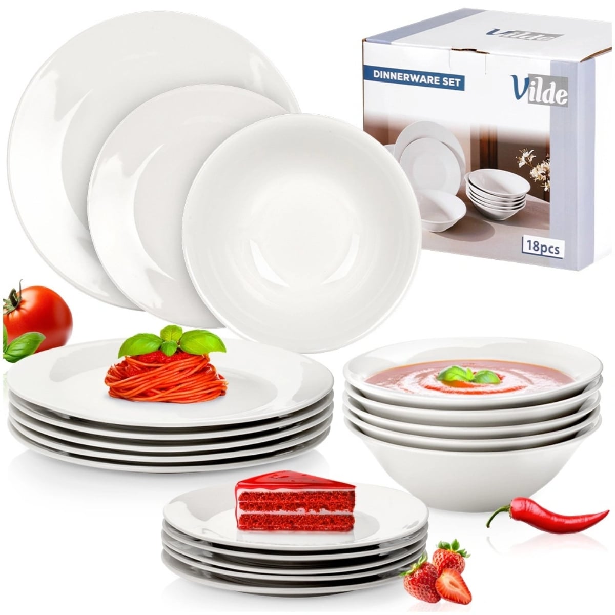 Serwis obiadowy 18 elementów zestaw talerzy z miskami dla 6 osób w kolorze klasycznej bieli