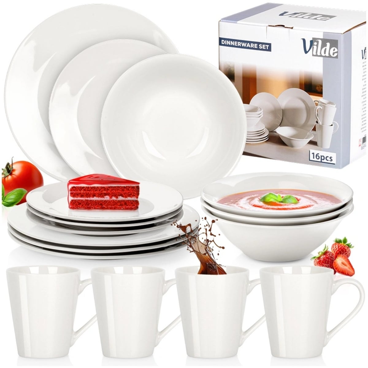 Serwis obiadowy 16 elementów zestaw talerzy z kubkami dla 4 osób w kolorze klasycznej bieli