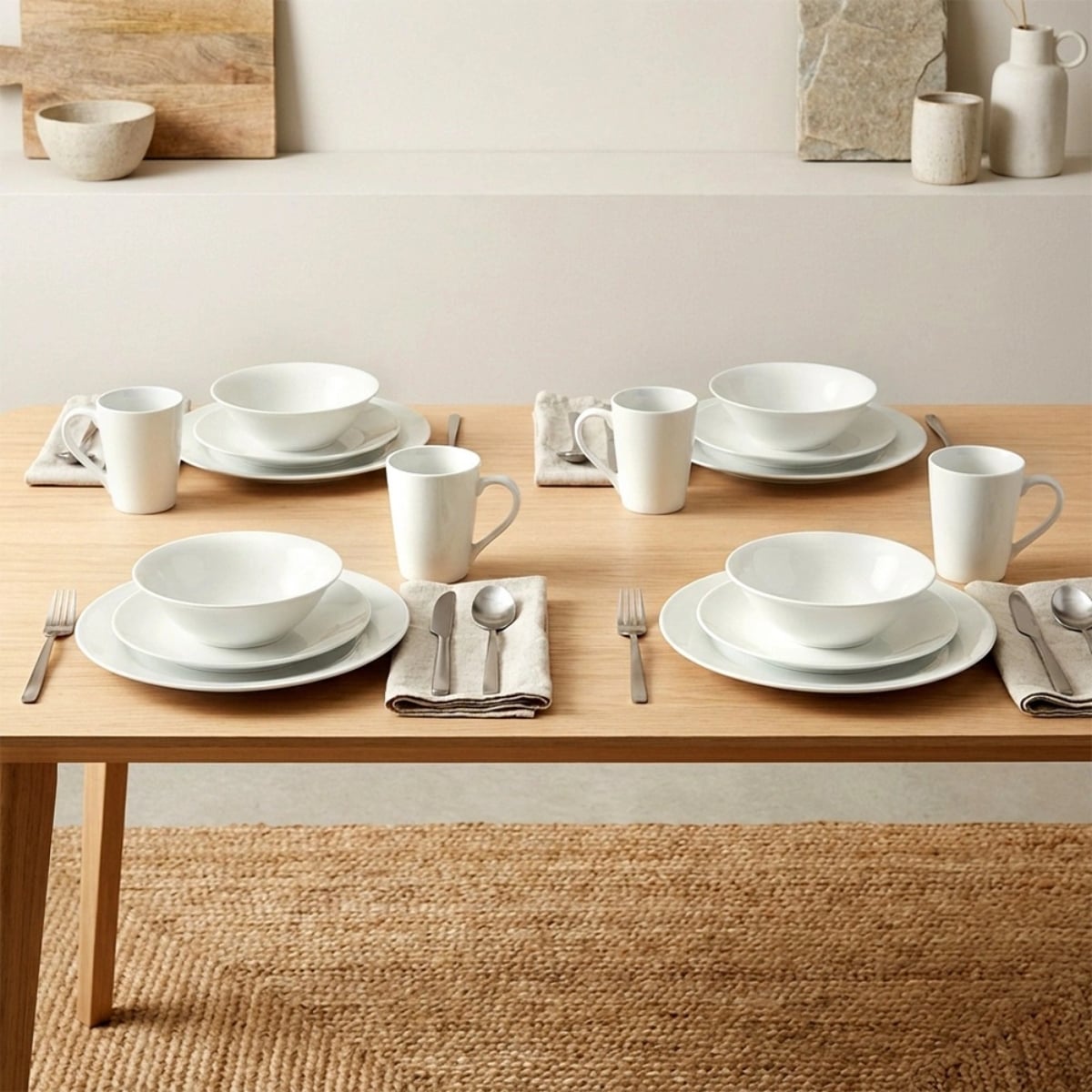 Serwis obiadowy 16 elementów zestaw talerzy z kubkami dla 4 osób w kolorze klasycznej bieli