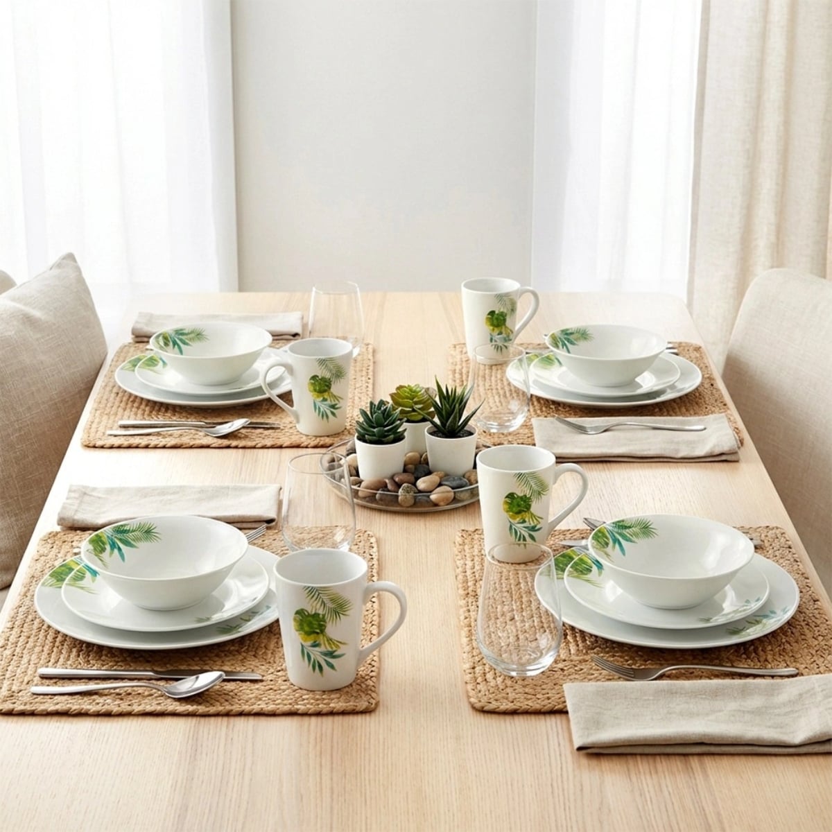 Serwis obiadowy 16 elementów zestaw talerzy z kubkami dla 4 osób w kolorze białym w rośliny