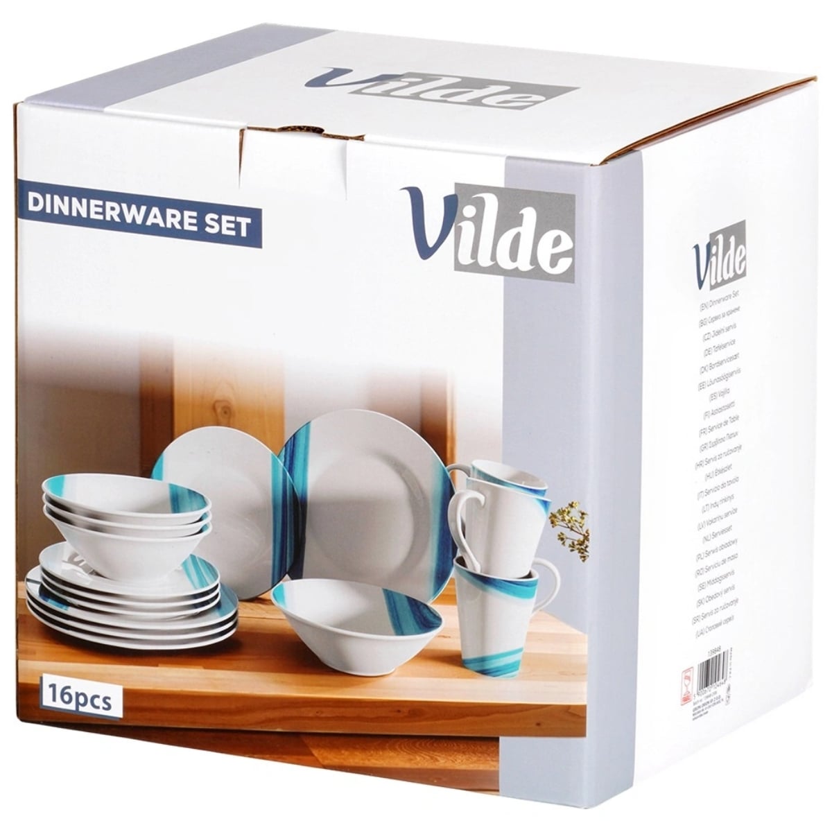 Serwis obiadowy 16 elementów zestaw talerzy z kubkami dla 4 osób w kolorze biało niebieskim Vilde