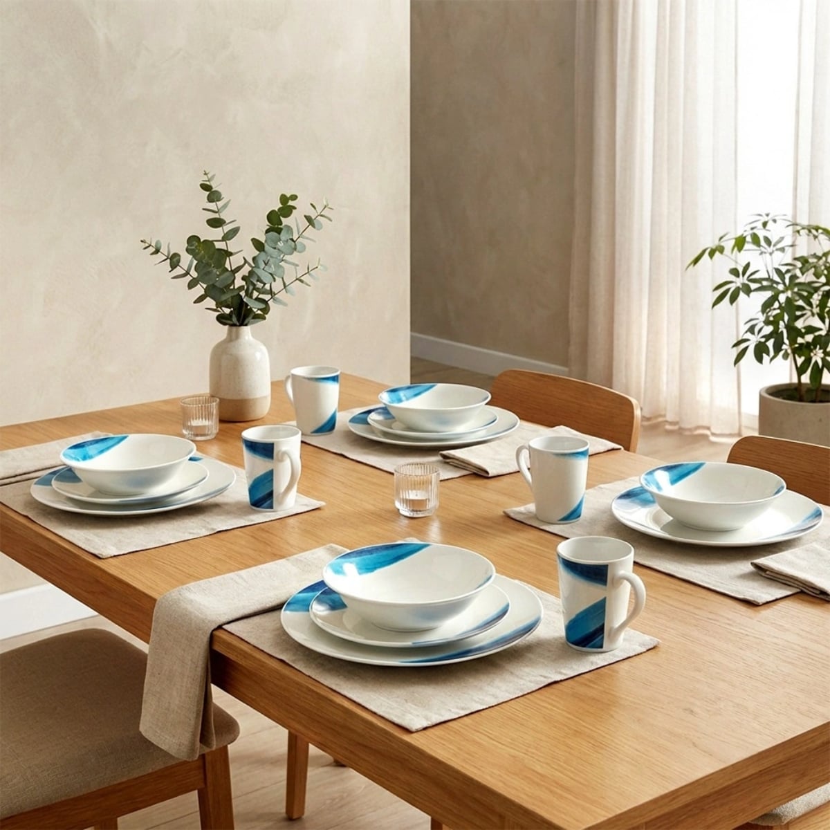 Serwis obiadowy 16 elementów zestaw talerzy z kubkami dla 4 osób w kolorze biało niebieskim Vilde