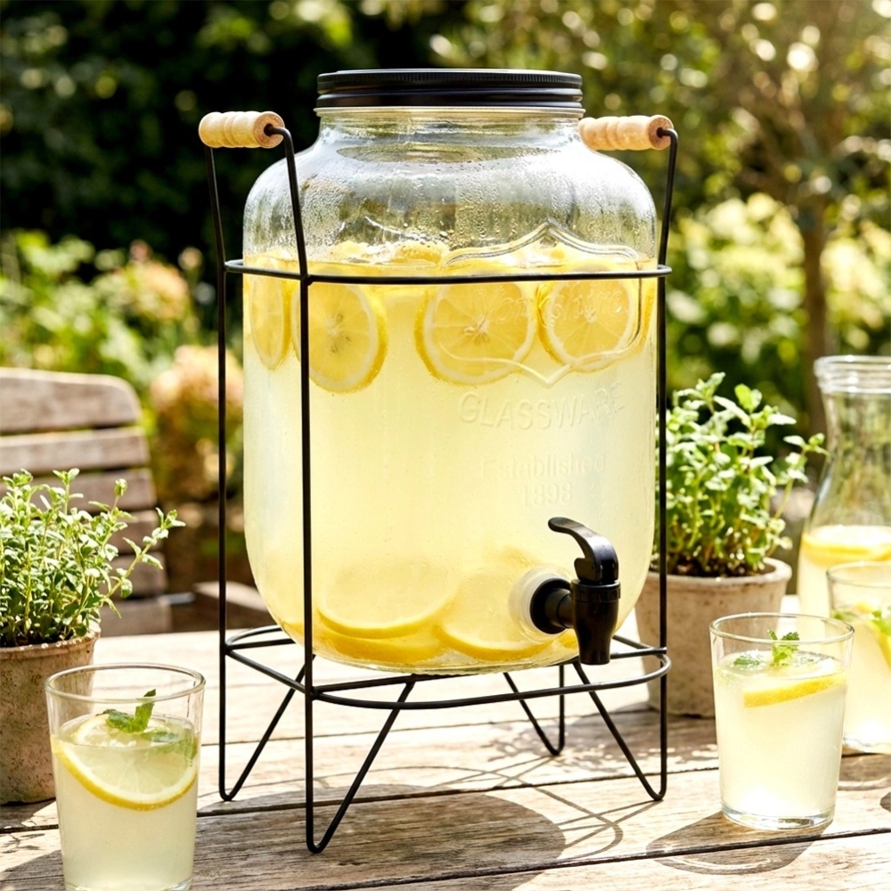 Słój szklany z kranikiem 8L z czarnym stojakiem do lemoniady napojów wody Vilde