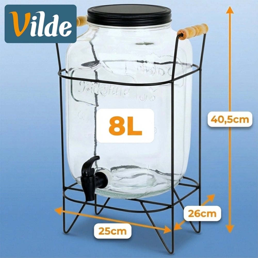 Słój szklany z kranikiem 8L z czarnym stojakiem do lemoniady napojów wody Vilde