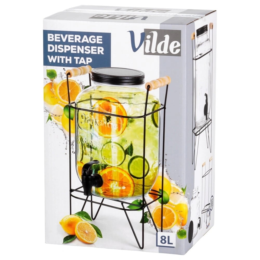 Słój szklany z kranikiem 8L z czarnym stojakiem do lemoniady napojów wody Vilde