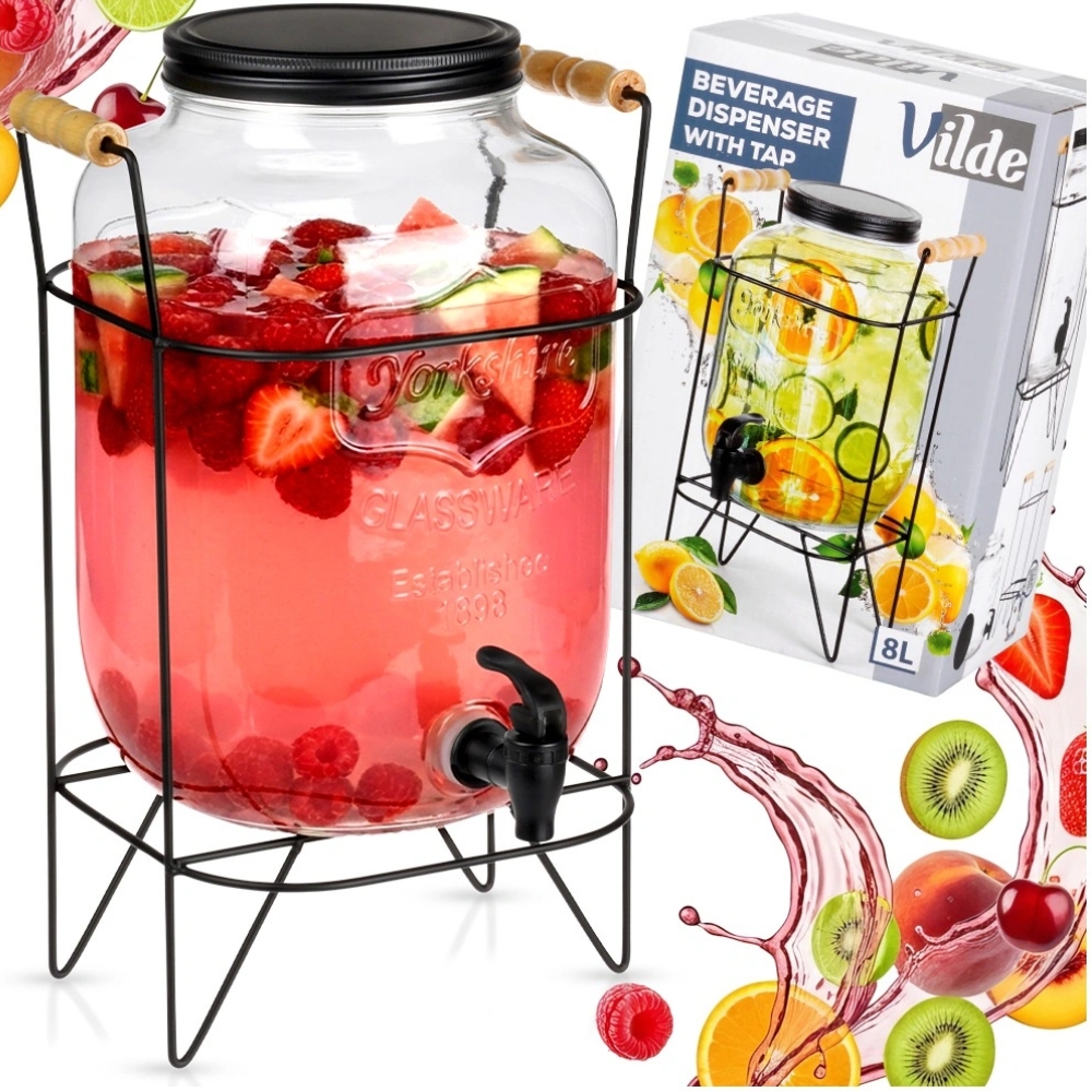 Słój szklany z kranikiem 8L z czarnym stojakiem do lemoniady napojów wody Vilde