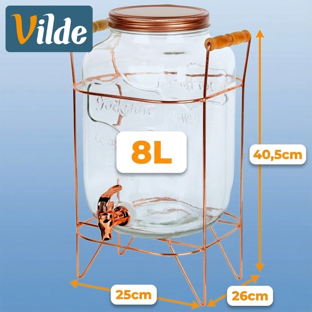 Słój szklany z kranikiem 8L z złotym stojakiem do lemoniady napojów wody Vilde