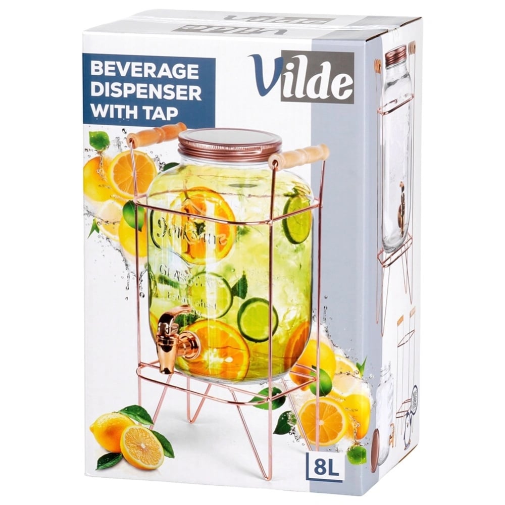 Słój szklany z kranikiem 8L z złotym stojakiem do lemoniady napojów wody Vilde