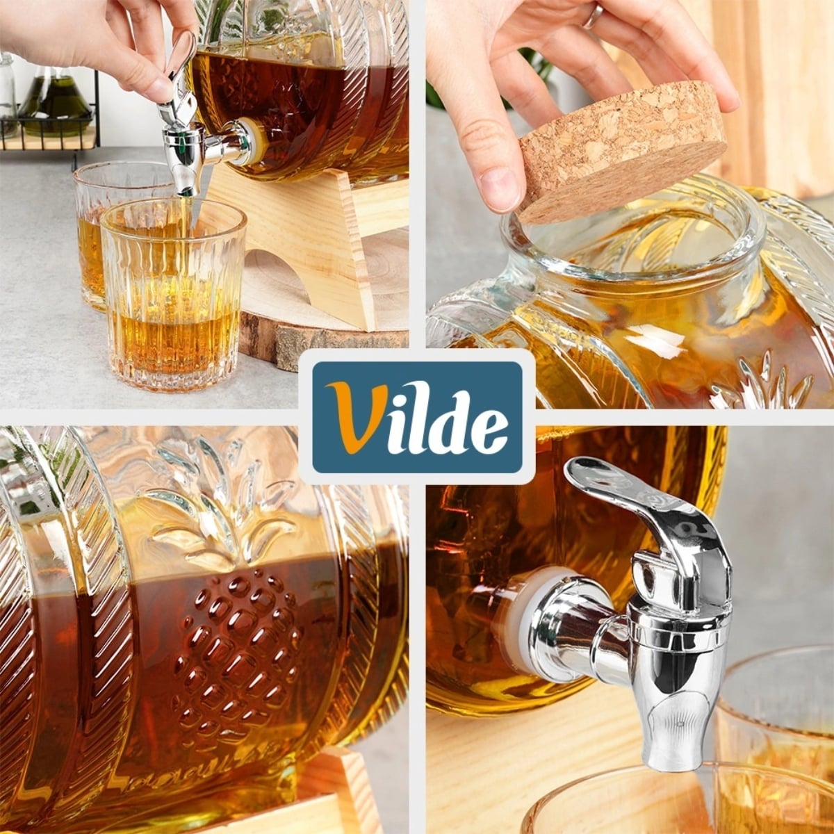 Beczka szklana słój z kranikiem 5 L ze stojakiem do whisky lemoniady napojów wody Vilde