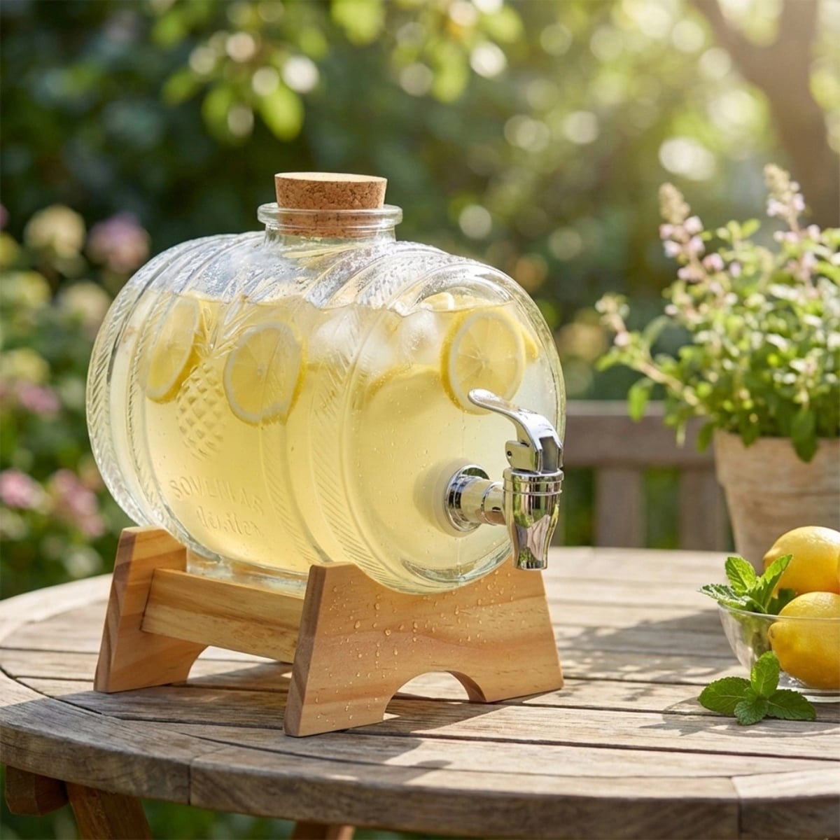 Beczka szklana słój z kranikiem 1 L ze stojakiem do whisky lemoniady napojów wody Vilde