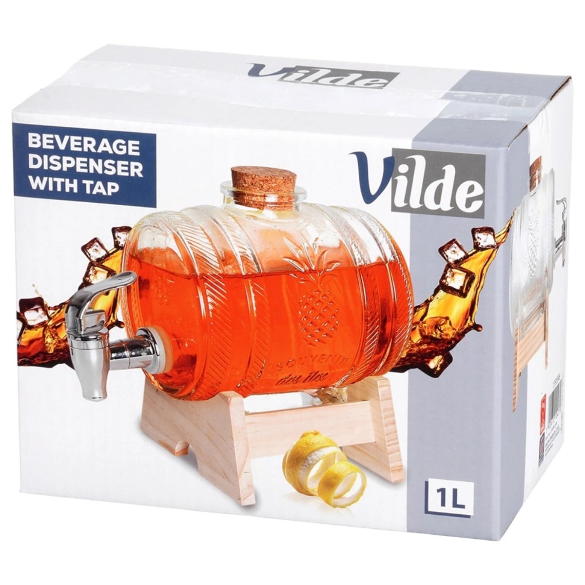 Beczka szklana słój z kranikiem 1 L ze stojakiem do whisky lemoniady napojów wody Vilde