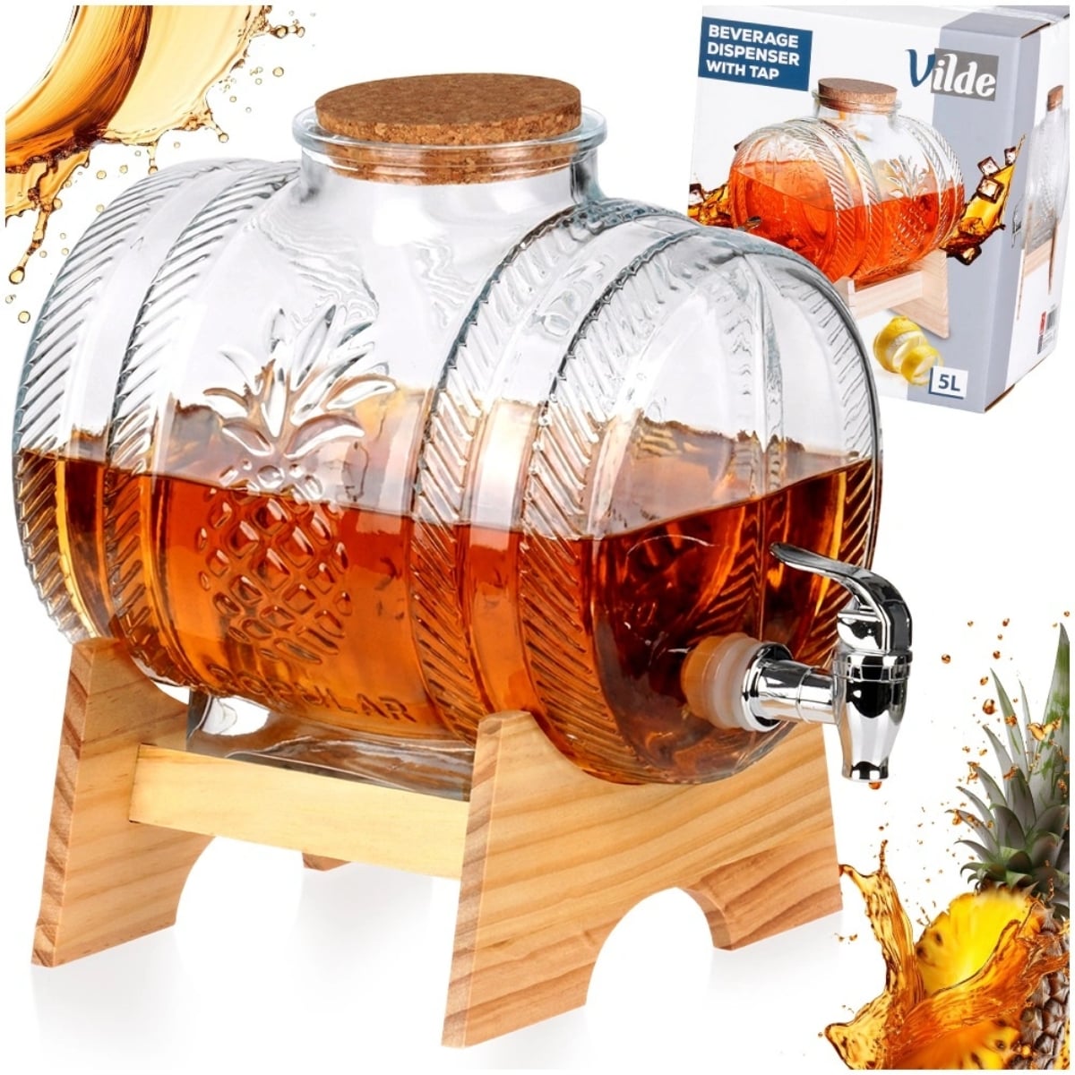 Beczka szklana słój z kranikiem 5 L ze stojakiem do whisky lemoniady napojów wody Vilde
