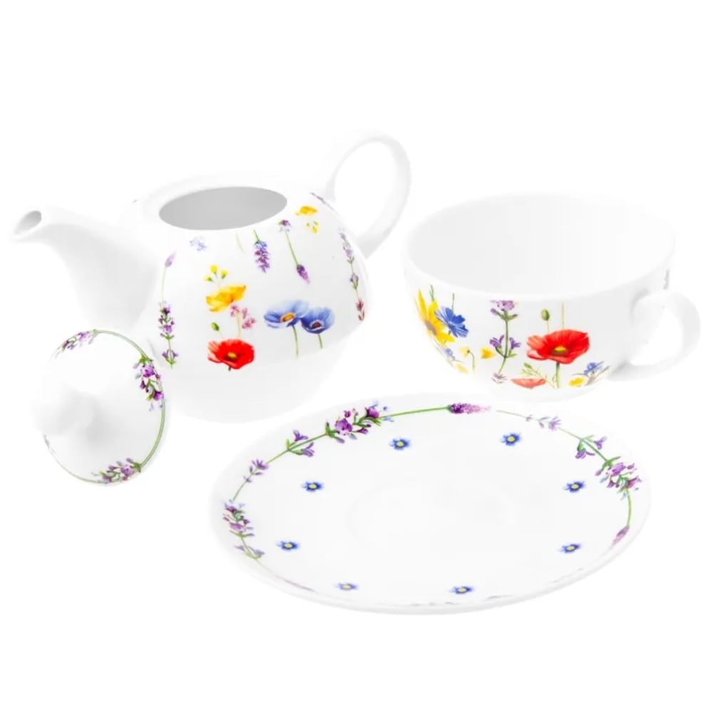 Dzbanek porcelanowy z filiżanką biały imbryk w kwiaty do zaparzania herbaty 400ml SOLEY ODELO OD2957 Delhan