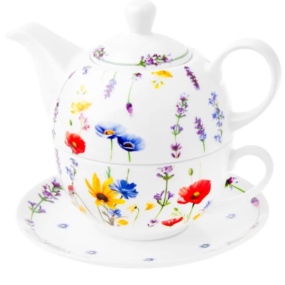 Dzbanek porcelanowy z filiżanką biały imbryk w kwiaty do zaparzania herbaty 400ml SOLEY ODELO OD2957 Delhan
