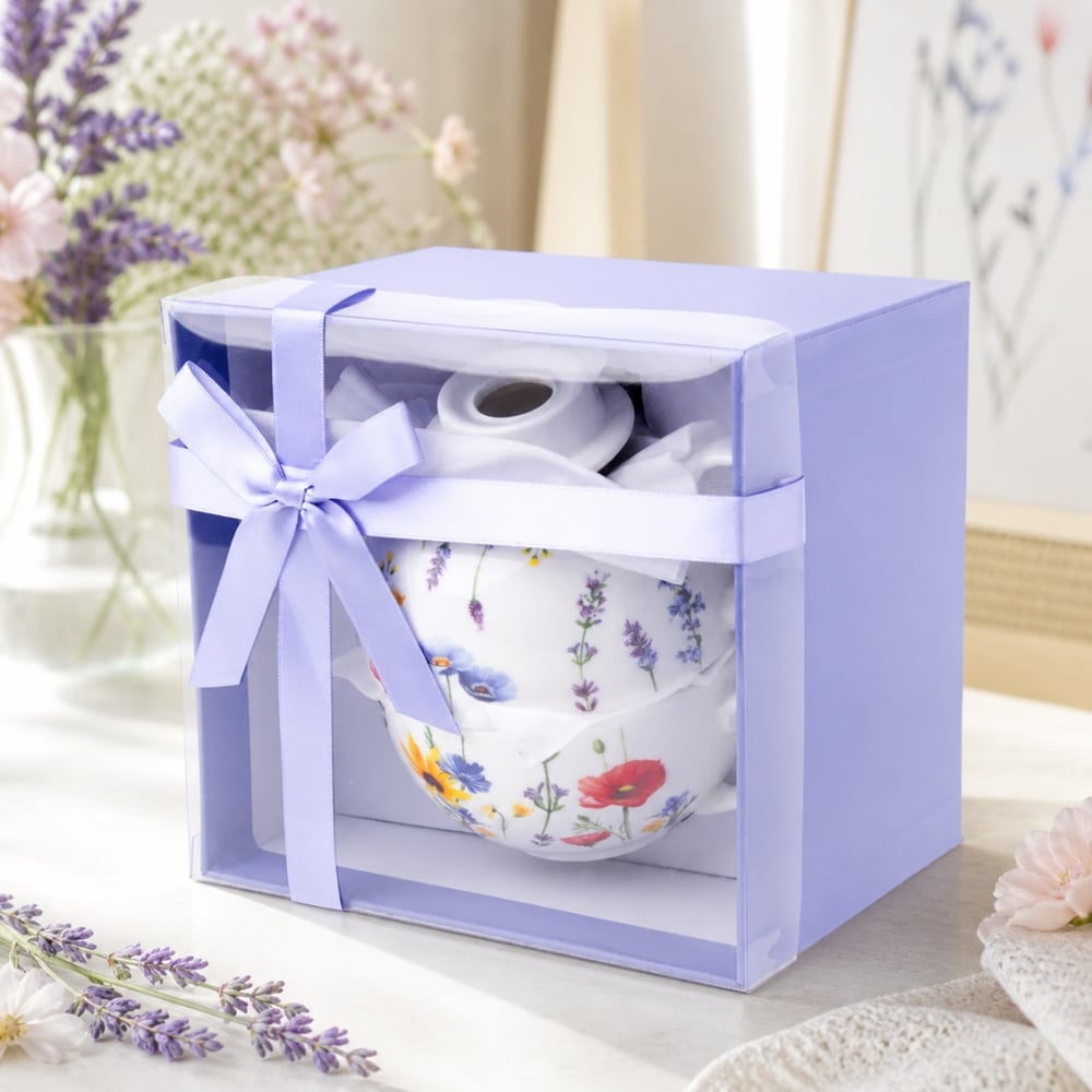 Dzbanek porcelanowy z filiżanką biały imbryk w kwiaty do zaparzania herbaty 400ml SOLEY ODELO OD2957 Delhan