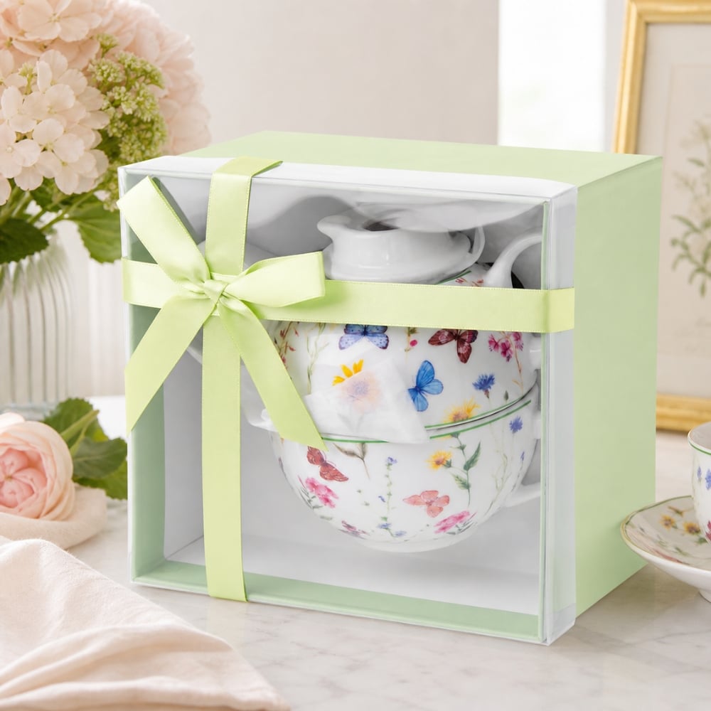 Dzbanek porcelanowy z filiżanką biały imbryk w z motywem polnym do zaparzania herbaty 400ml ODELO VEDIA OD2958 Delhan