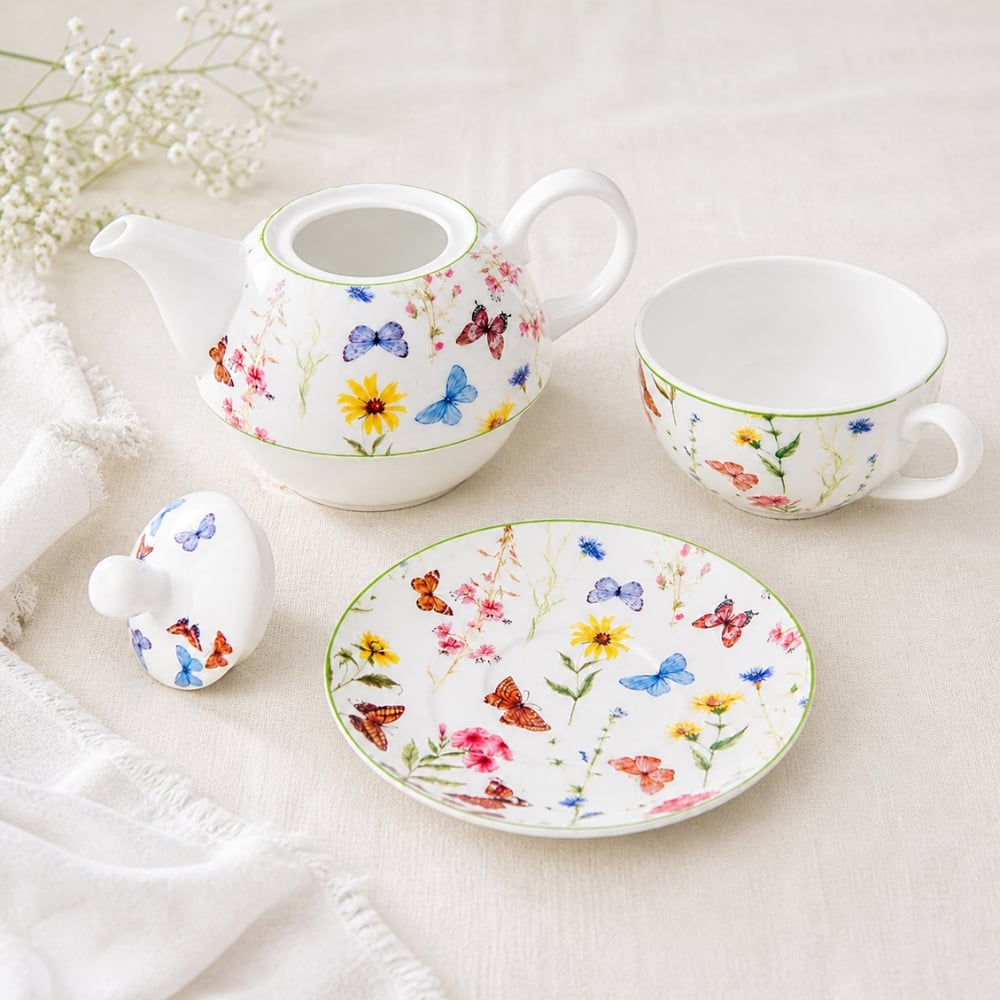 Dzbanek porcelanowy z filiżanką biały imbryk w z motywem polnym do zaparzania herbaty 400ml ODELO VEDIA OD2958 Delhan
