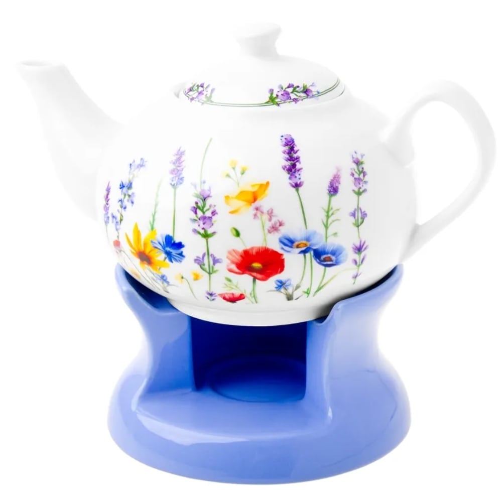 Dzbanek porcelanowy z niebieskim podgrzewaczem biały imbryk w kwiaty do zaparzania herbaty 1L ODELO SOLEY OD2960 Delhan