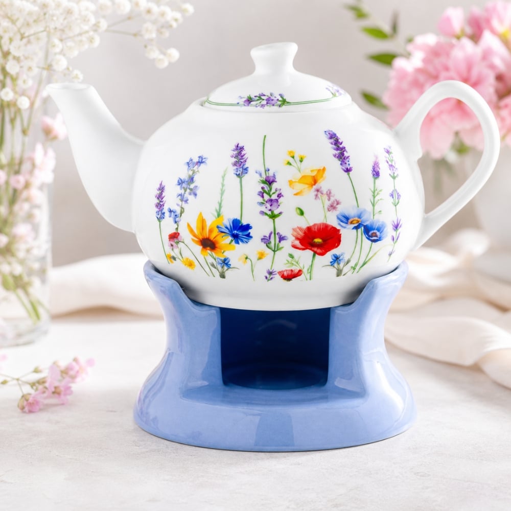 Dzbanek porcelanowy z niebieskim podgrzewaczem biały imbryk w kwiaty do zaparzania herbaty 1L ODELO SOLEY OD2960 Delhan