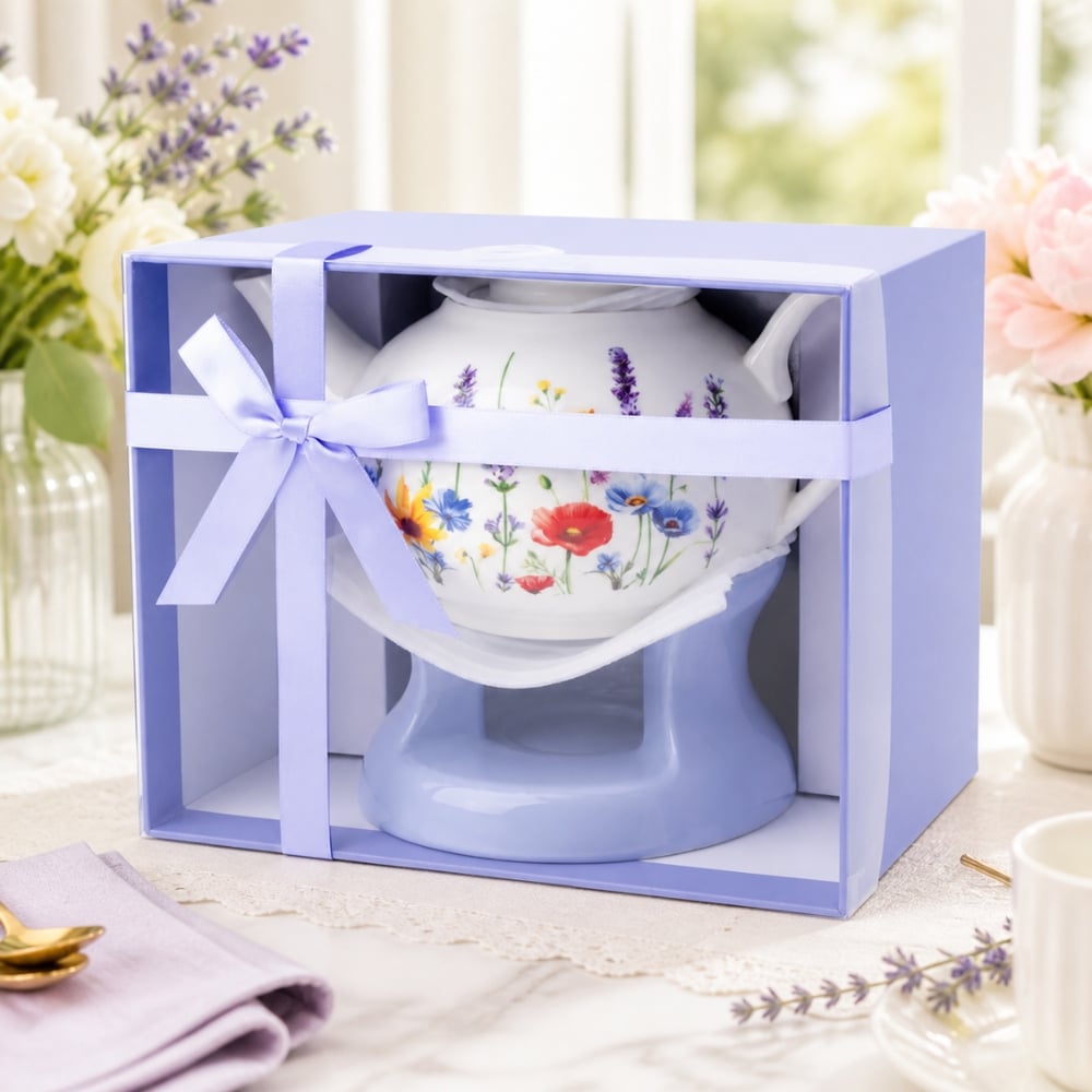Dzbanek porcelanowy z niebieskim podgrzewaczem biały imbryk w kwiaty do zaparzania herbaty 1L ODELO SOLEY OD2960 Delhan