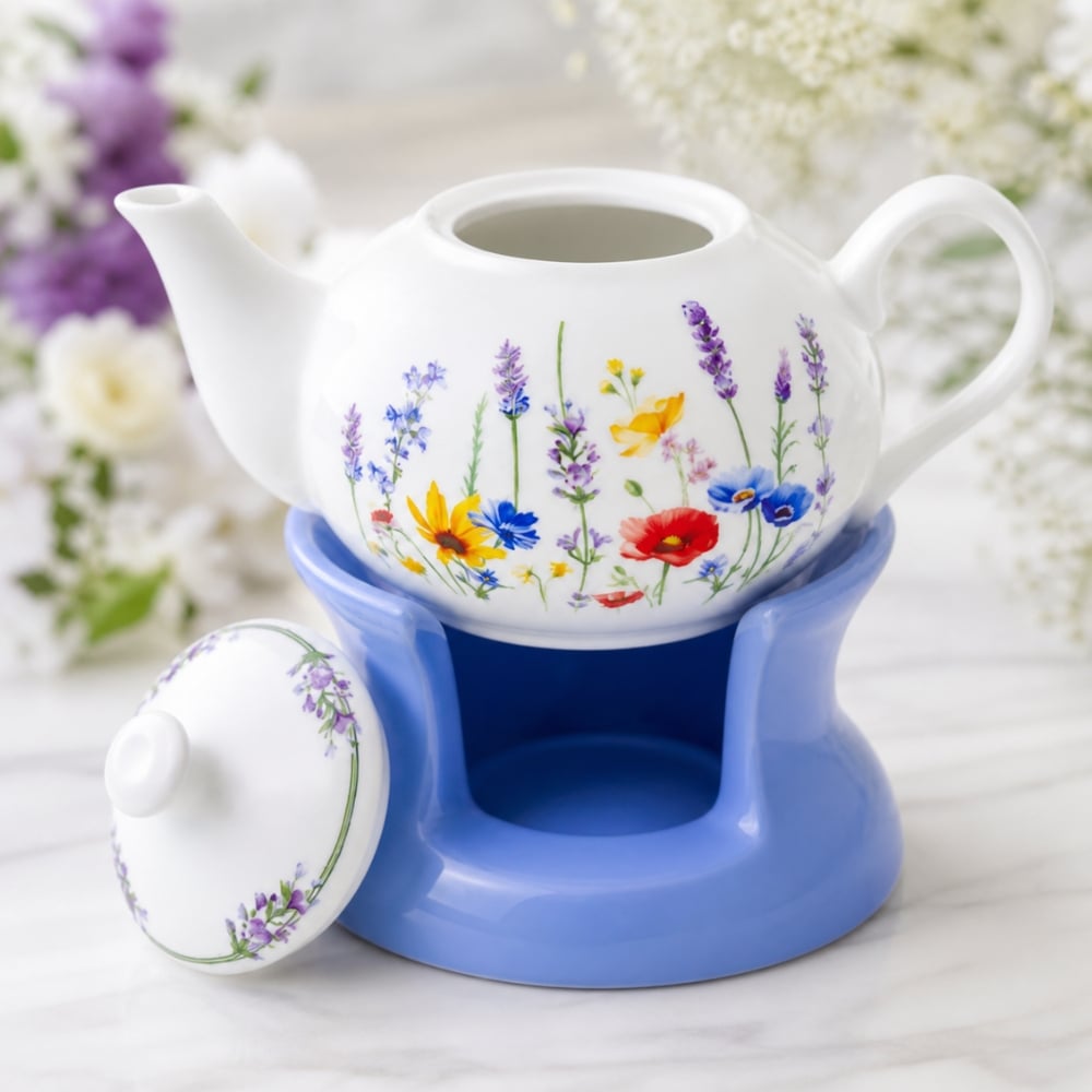 Dzbanek porcelanowy z niebieskim podgrzewaczem biały imbryk w kwiaty do zaparzania herbaty 1L ODELO SOLEY OD2960 Delhan