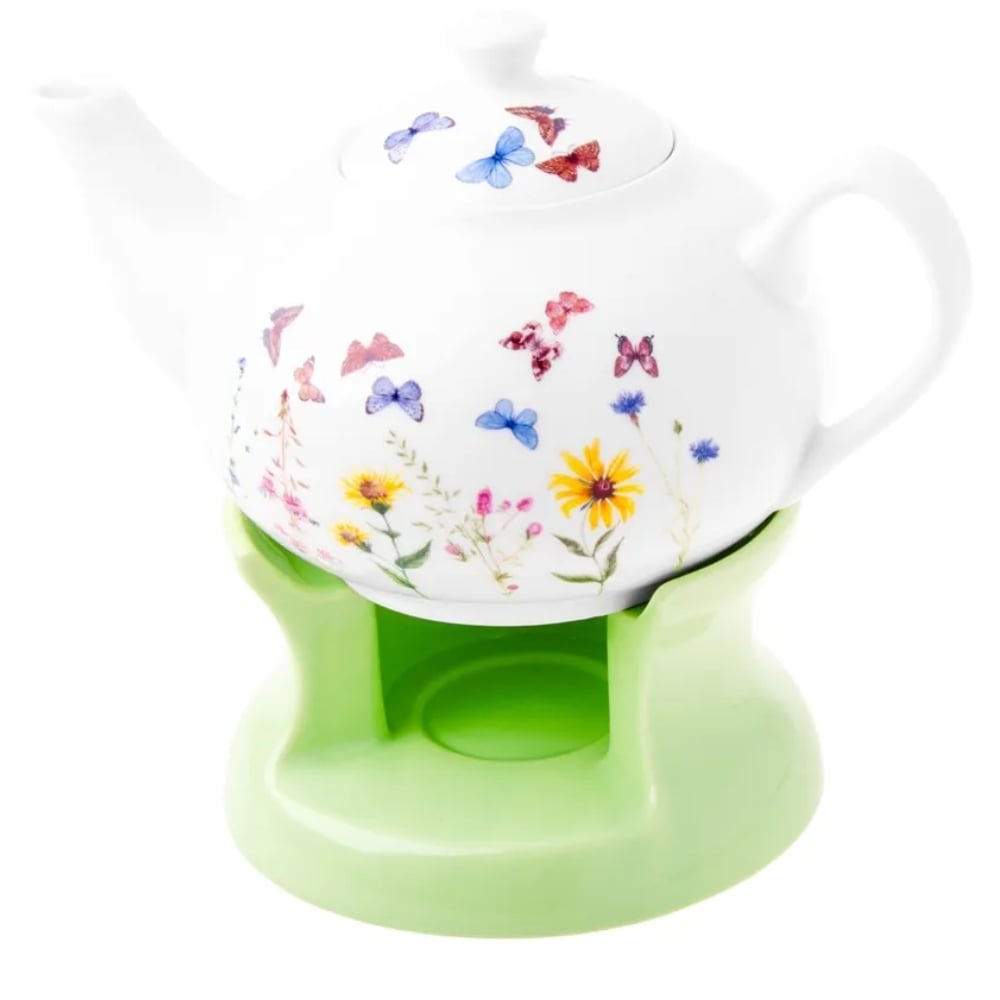 Dzbanek porcelanowy z zielonym podgrzewaczem biały imbryk w motyle do zaparzania herbaty 1L ODELO VEDIA OD2961 Delhan