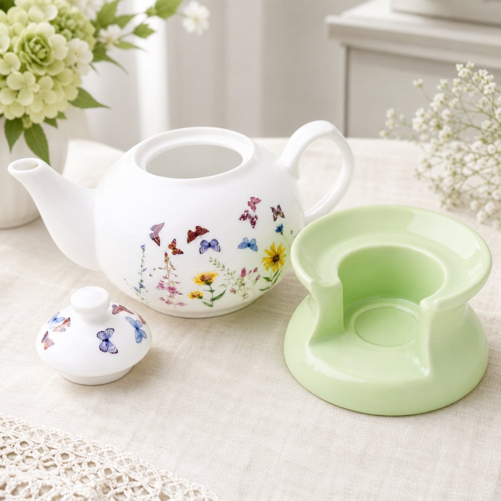 Dzbanek porcelanowy z zielonym podgrzewaczem biały imbryk w motyle do zaparzania herbaty 1L ODELO VEDIA OD2961 Delhan