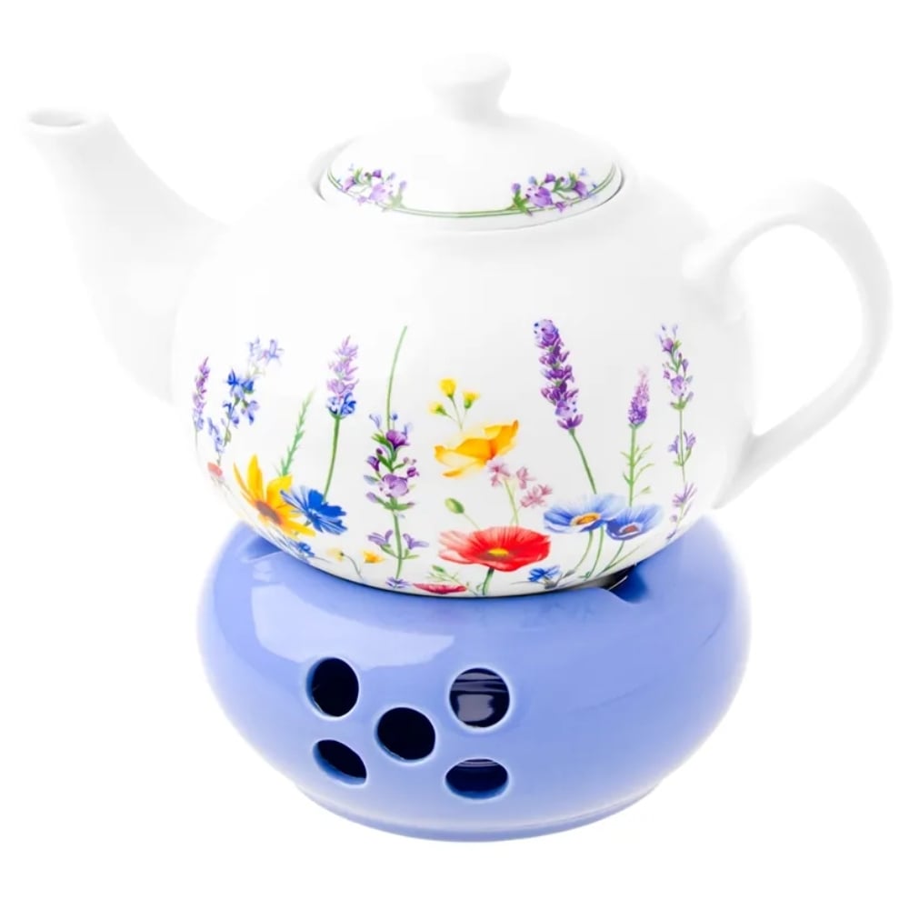Dzbanek porcelanowy z niebieskim podgrzewaczem biały imbryk w kwiaty do zaparzania herbaty 1L ODELO SOLEY OD2963 Delhan