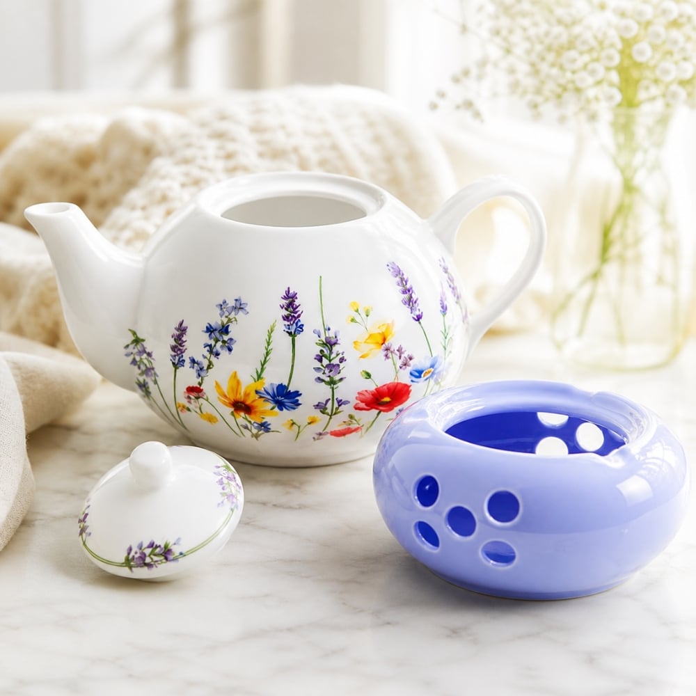 Dzbanek porcelanowy z niebieskim podgrzewaczem biały imbryk w kwiaty do zaparzania herbaty 1L ODELO SOLEY OD2963 Delhan