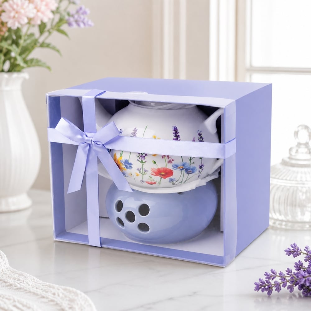 Dzbanek porcelanowy z niebieskim podgrzewaczem biały imbryk w kwiaty do zaparzania herbaty 1L ODELO SOLEY OD2963 Delhan