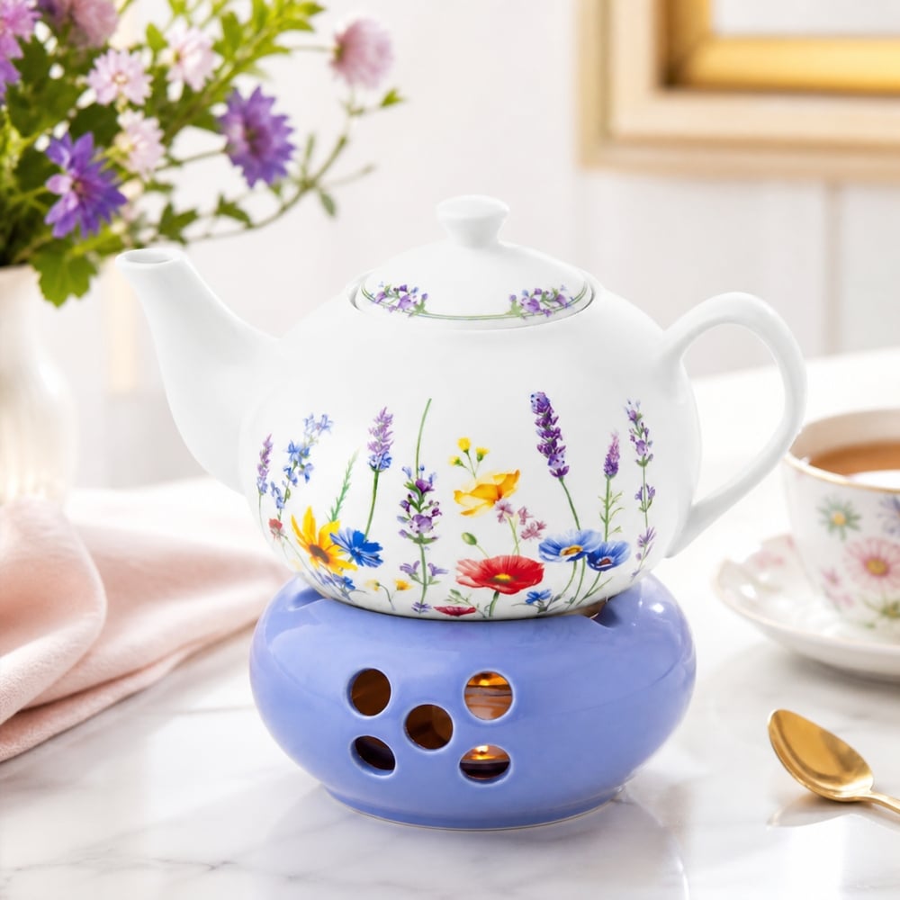 Dzbanek porcelanowy z niebieskim podgrzewaczem biały imbryk w kwiaty do zaparzania herbaty 1L ODELO SOLEY OD2963 Delhan