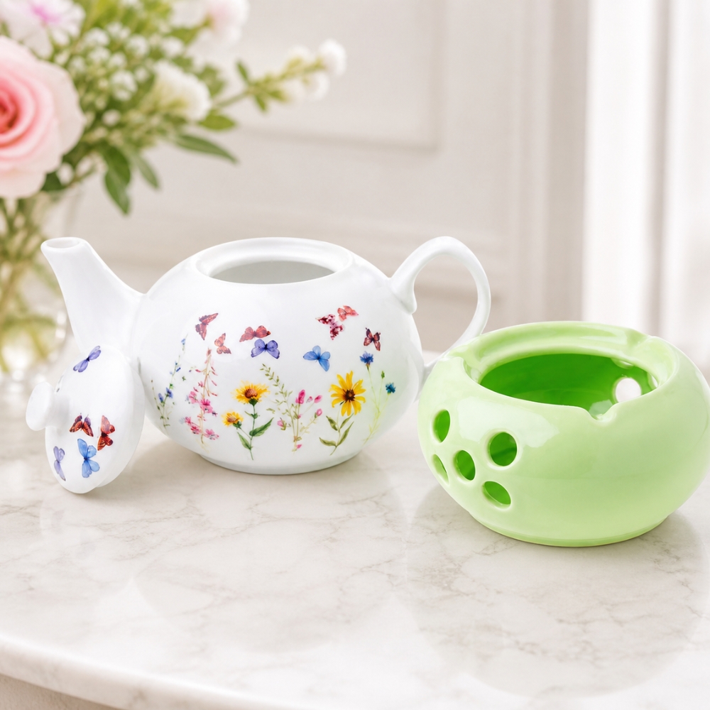 Dzbanek porcelanowy z zielonym podgrzewaczem biały imbryk w kwiaty i motyle do zaparzania herbaty 1L ODELO VEDIA OD2964 Delhan