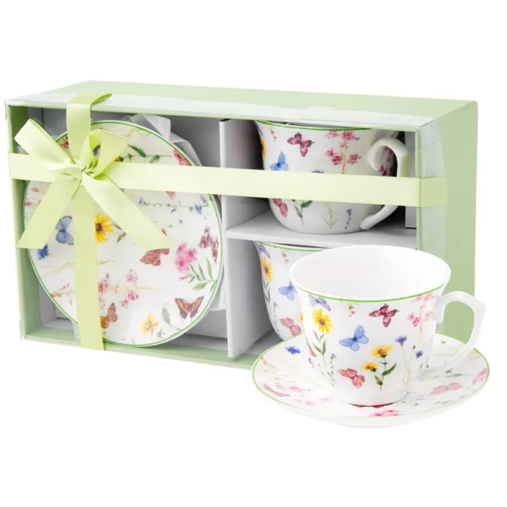 Serwis kawowy porcelanowy filiżanki ze spodkiem zestaw 2+2 do kawy i herbaty 250 ml Motyw Motyli OD2967 Delhi