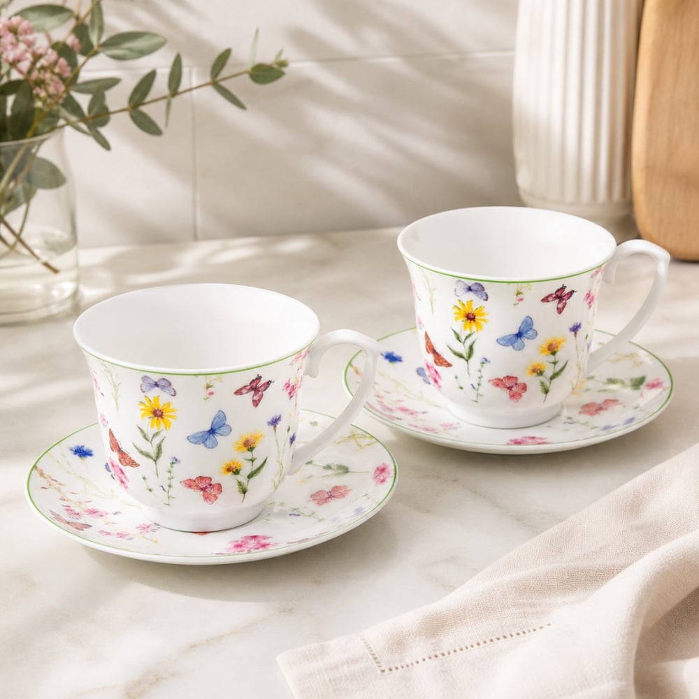 Serwis kawowy porcelanowy filiżanki ze spodkiem zestaw 2+2 do kawy i herbaty 250 ml Motyw Motyli OD2967 Delhi