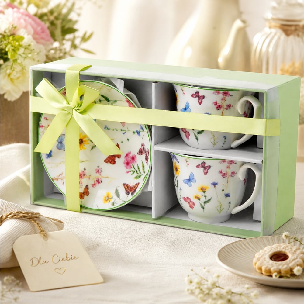 Serwis kawowy porcelanowy filiżanki ze spodkiem zestaw 2+2 do kawy i herbaty 250 ml Motyw Motyli OD2967 Delhi