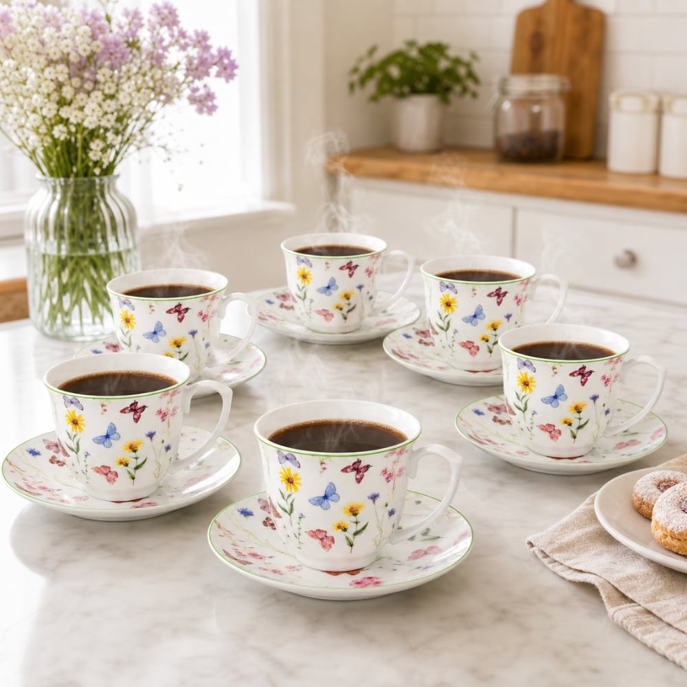 Serwis kawowy porcelanowy filiżanki ze spodkiem do kawy i herbaty 250 ml Motyw Motyli OD2970 Delhi