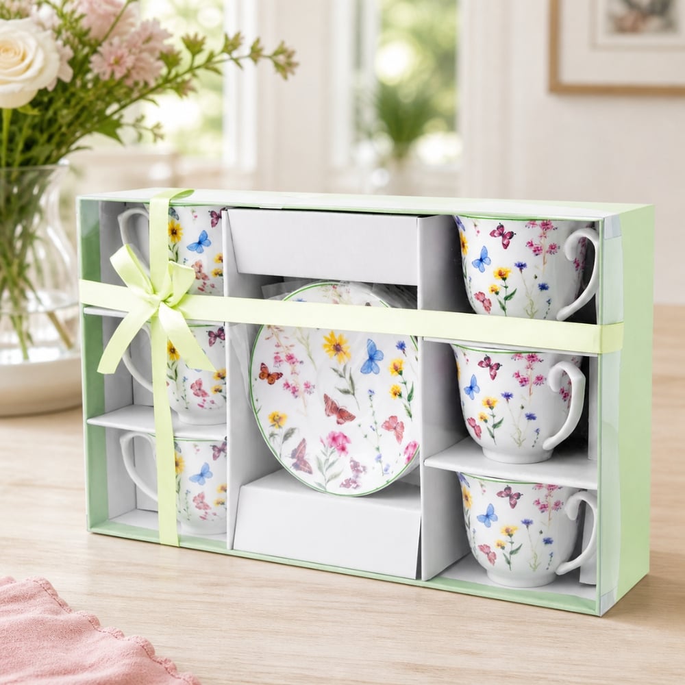 Serwis kawowy porcelanowy filiżanki ze spodkiem do kawy i herbaty 250 ml Motyw Motyli OD2970 Delhi