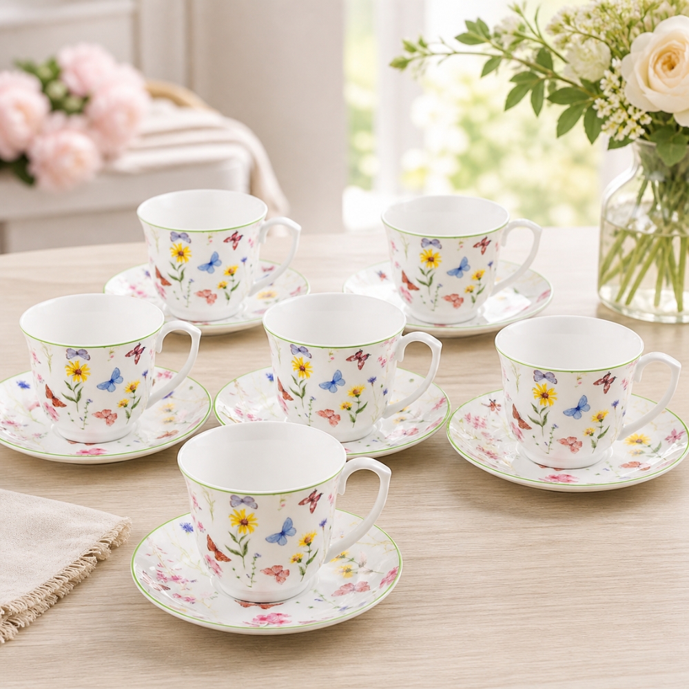 Serwis kawowy porcelanowy filiżanki ze spodkiem do kawy i herbaty 250 ml Motyw Motyli OD2970 Delhi