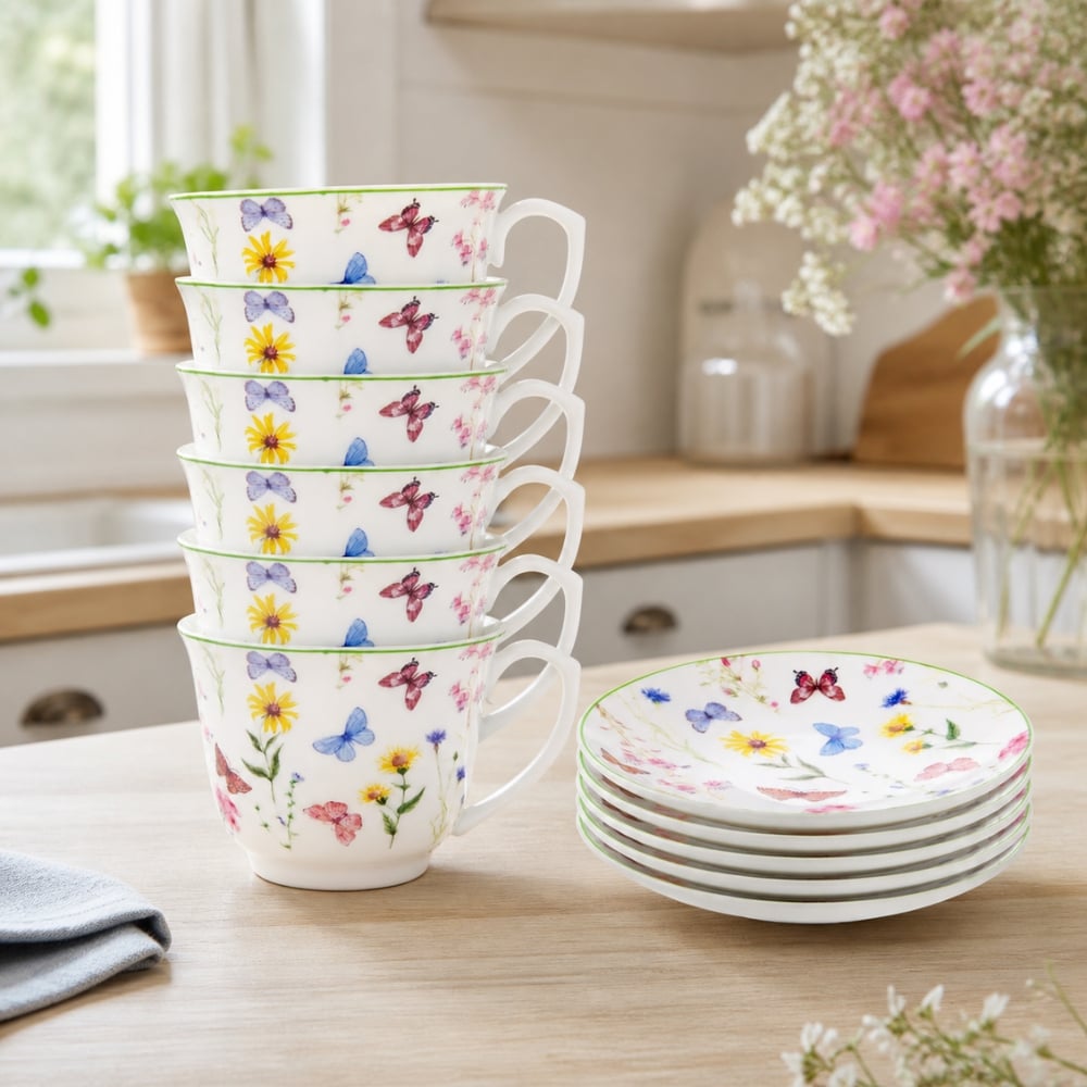 Serwis kawowy porcelanowy filiżanki ze spodkiem do kawy i herbaty 250 ml Motyw Motyli OD2970 Delhi