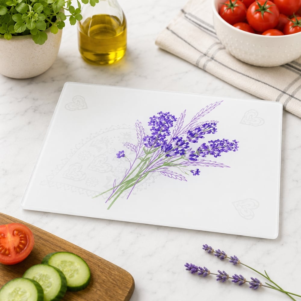 Deska do krojenia patera prostokątna 35x25 cm szklana deska do serwowania clara lavender heart