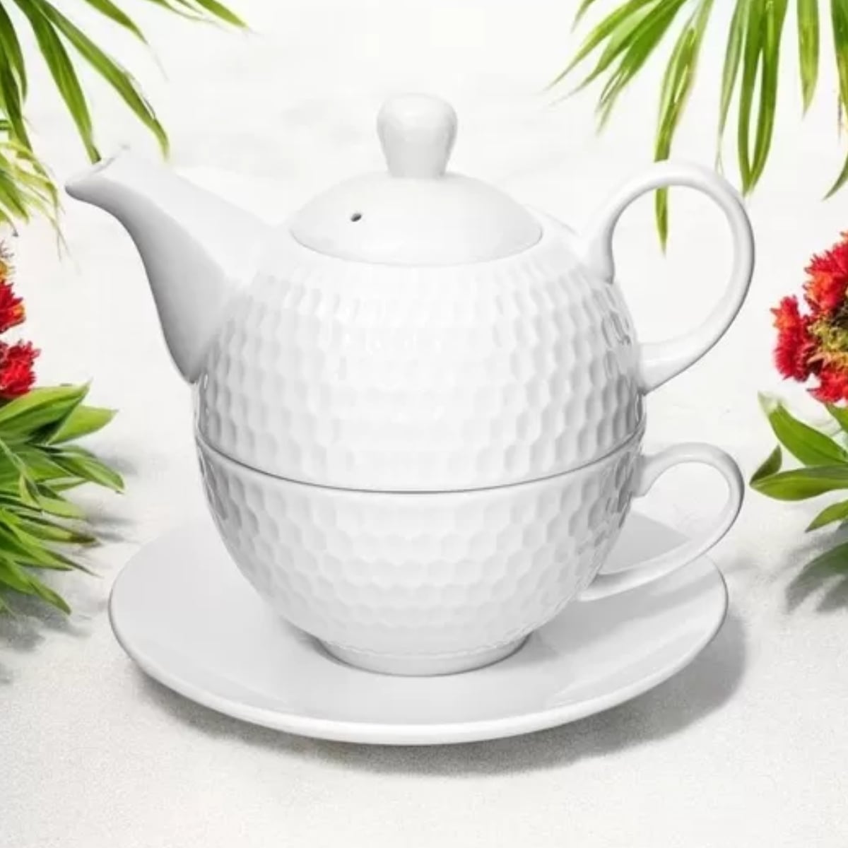 Dzbanek z spodkiem i filiżanką biały zestaw imbryk do zaparzania Bella Fiore