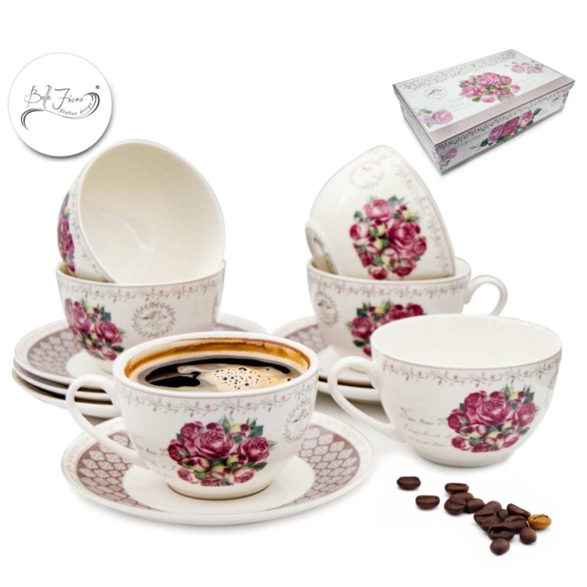 Serwis kawowy z porcelany w kompozycje kwiatowe filiżanki 270 ml ze spodkami do kawy herbaty na 6 osób Tragar