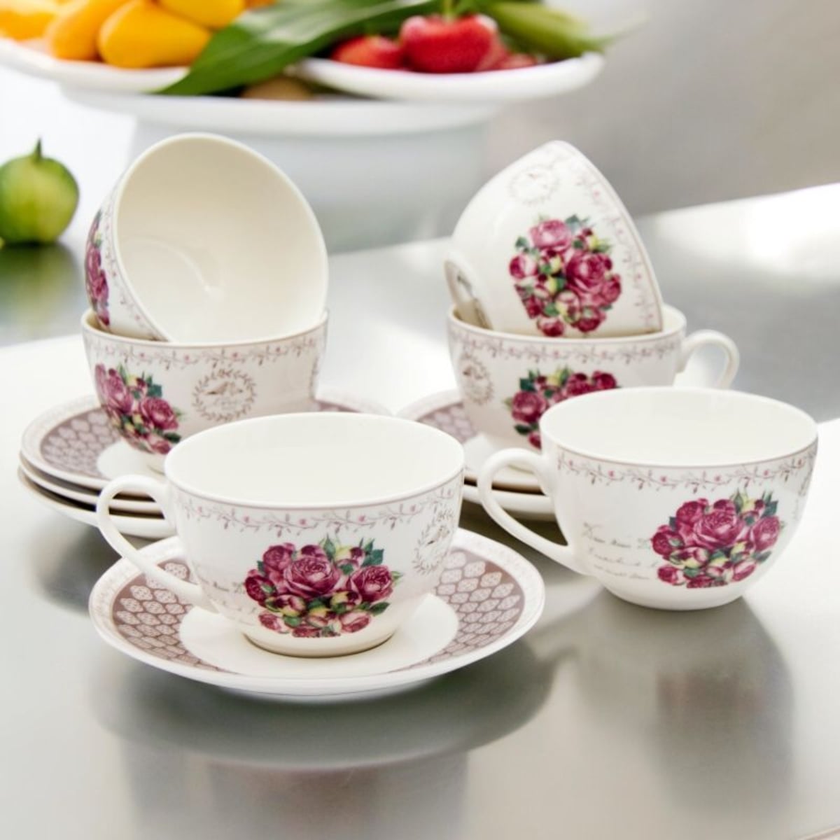 Serwis kawowy z porcelany w kompozycje kwiatowe filiżanki 270 ml ze spodkami do kawy herbaty na 6 osób Tragar